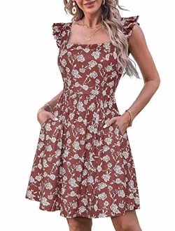 Loemes Summer Cute Floral Flowy Knee Length Sundressses Beach Dress for Women 2023