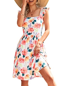 Loemes Summer Cute Floral Flowy Knee Length Sundressses Beach Dress for Women 2023