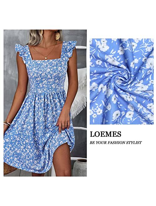 Loemes Summer Cute Floral Flowy Knee Length Sundressses Beach Dress for Women 2023