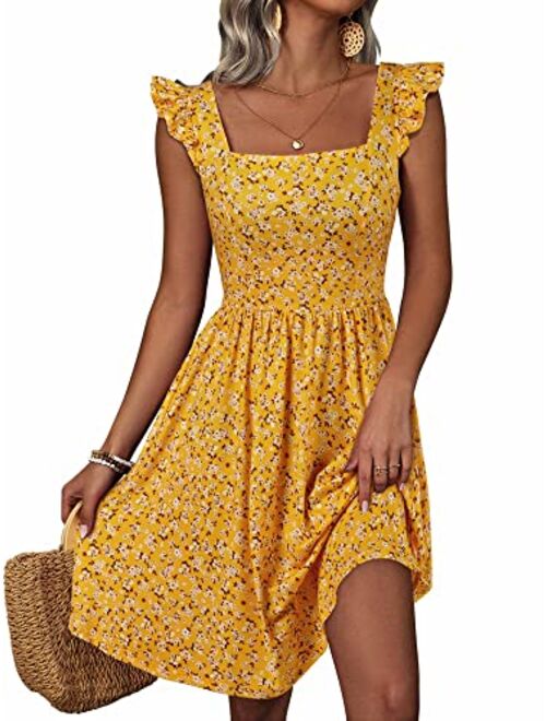 Loemes Summer Cute Floral Flowy Knee Length Sundressses Beach Dress for Women 2023