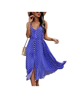 BROVAVE Women's 2023 Summer Casual Boho Sundress Polka Dot Spaghetti Strap V Neck Flowy Midi Dresses