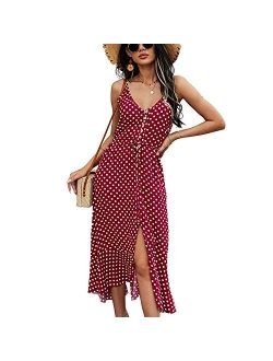 BROVAVE Women's 2023 Summer Casual Boho Sundress Polka Dot Spaghetti Strap V Neck Flowy Midi Dresses