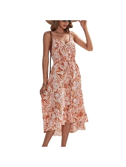 BROVAVE Women's 2023 Summer Casual Boho Sundress Polka Dot Spaghetti Strap V Neck Flowy Midi Dresses