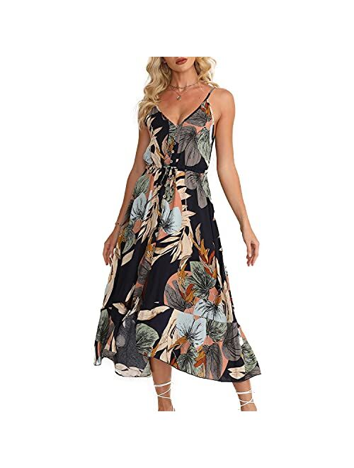 BROVAVE Women's 2023 Summer Casual Boho Sundress Polka Dot Spaghetti Strap V Neck Flowy Midi Dresses