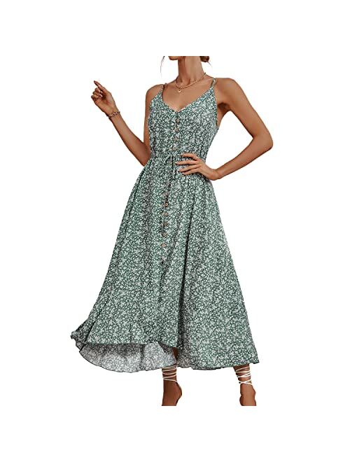 BROVAVE Women's 2023 Summer Casual Boho Sundress Polka Dot Spaghetti Strap V Neck Flowy Midi Dresses