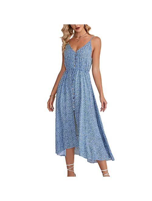 BROVAVE Women's 2023 Summer Casual Boho Sundress Polka Dot Spaghetti Strap V Neck Flowy Midi Dresses