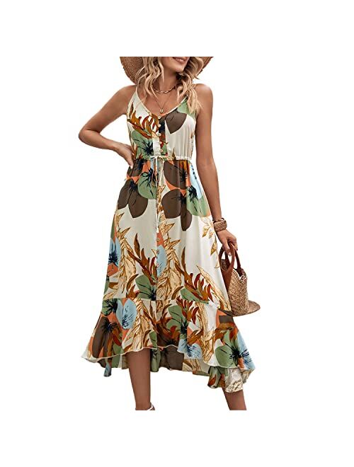 BROVAVE Women's 2023 Summer Casual Boho Sundress Polka Dot Spaghetti Strap V Neck Flowy Midi Dresses