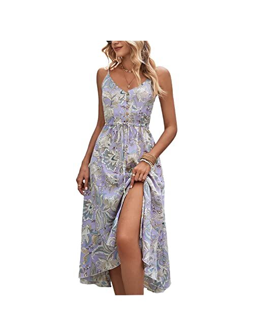 BROVAVE Women's 2023 Summer Casual Boho Sundress Polka Dot Spaghetti Strap V Neck Flowy Midi Dresses