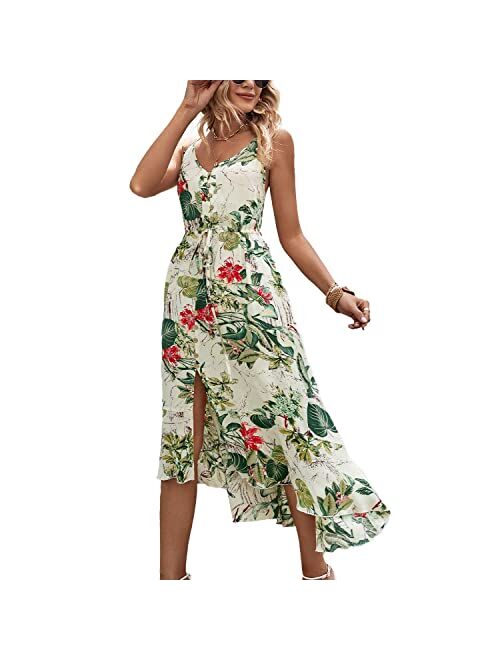 BROVAVE Women's 2023 Summer Casual Boho Sundress Polka Dot Spaghetti Strap V Neck Flowy Midi Dresses