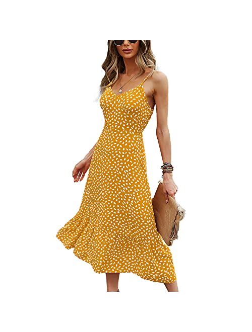 BROVAVE Women's 2023 Summer Casual Boho Sundress Polka Dot Spaghetti Strap V Neck Flowy Midi Dresses