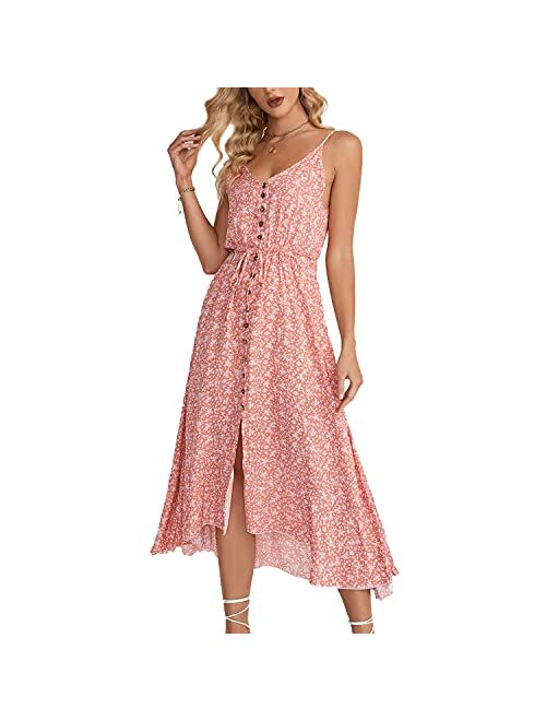 BROVAVE Women's 2023 Summer Casual Boho Sundress Polka Dot Spaghetti Strap V Neck Flowy Midi Dresses