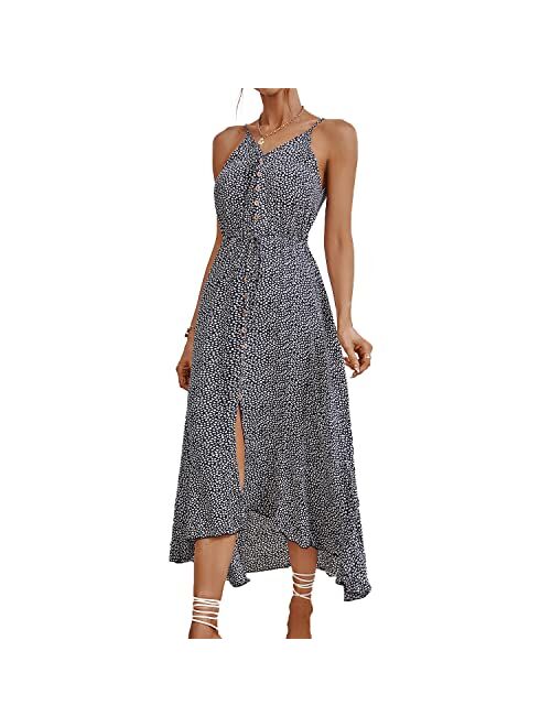 BROVAVE Women's 2023 Summer Casual Boho Sundress Polka Dot Spaghetti Strap V Neck Flowy Midi Dresses