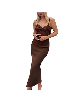 Sdencin Women Y2K Sexy Twist Knot Front Ribbed Knit Bodycon Bandeau Tube Dress Casual Solid Strapless Maxi Long Dress