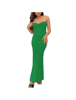 Sdencin Women Y2K Sexy Twist Knot Front Ribbed Knit Bodycon Bandeau Tube Dress Casual Solid Strapless Maxi Long Dress