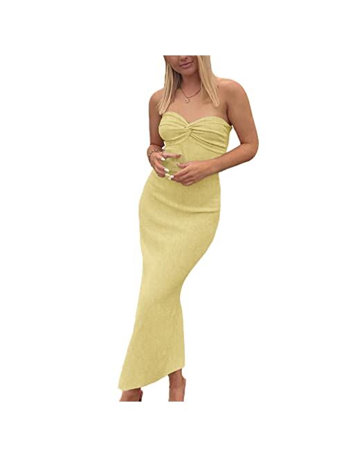 Sdencin Women Y2K Sexy Twist Knot Front Ribbed Knit Bodycon Bandeau Tube Dress Casual Solid Strapless Maxi Long Dress