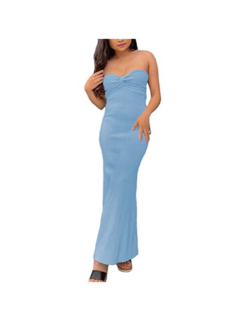 Sdencin Women Y2K Sexy Twist Knot Front Ribbed Knit Bodycon Bandeau Tube Dress Casual Solid Strapless Maxi Long Dress