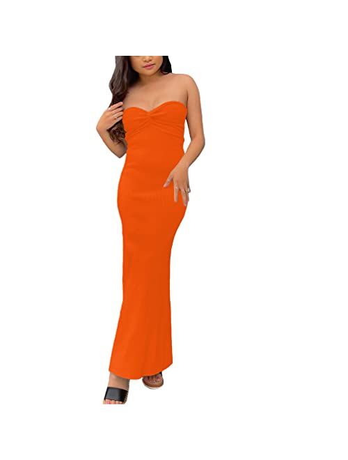 Sdencin Women Y2K Sexy Twist Knot Front Ribbed Knit Bodycon Bandeau Tube Dress Casual Solid Strapless Maxi Long Dress