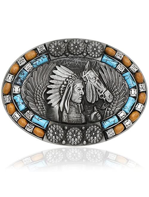 Rechicgu Oval Long Horn Bull Skull Belt Buckle Native American Vintage Turquoise Wooden Beads Western Cowboy Buckles for Men Gift