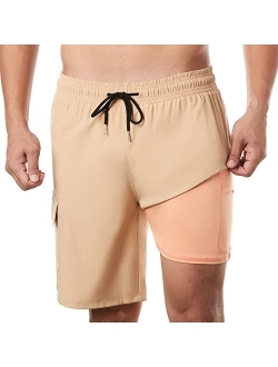 BRISIRA Mens Swim Trunks Swim Shorts with Compression Liner 9 inch Inseam Quick Dry Cargo Pocket Swimsuit Bathing Suits