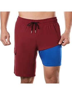 BRISIRA Mens Swim Trunks Swim Shorts with Compression Liner 9 inch Inseam Quick Dry Cargo Pocket Swimsuit Bathing Suits