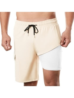 BRISIRA Mens Swim Trunks Swim Shorts with Compression Liner 9 inch Inseam Quick Dry Cargo Pocket Swimsuit Bathing Suits