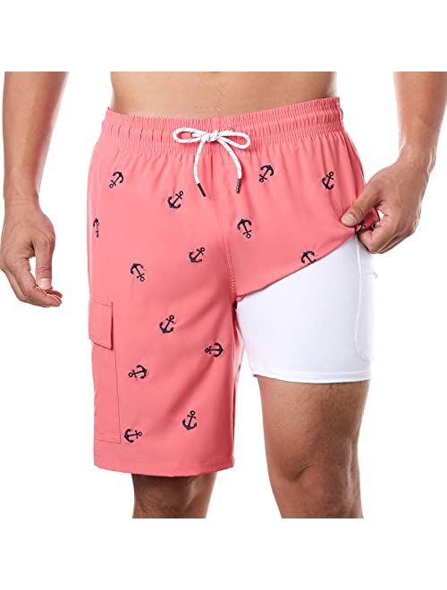 BRISIRA Mens Swim Trunks Swim Shorts with Compression Liner 9 inch Inseam Quick Dry Cargo Pocket Swimsuit Bathing Suits