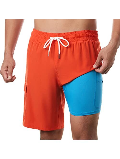 BRISIRA Mens Swim Trunks Swim Shorts with Compression Liner 9 inch Inseam Quick Dry Cargo Pocket Swimsuit Bathing Suits