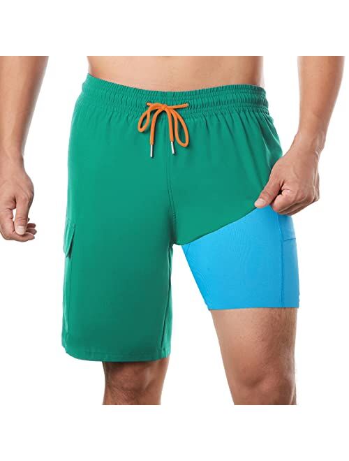 BRISIRA Mens Swim Trunks Swim Shorts with Compression Liner 9 inch Inseam Quick Dry Cargo Pocket Swimsuit Bathing Suits