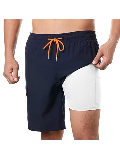 BRISIRA Mens Swim Trunks Swim Shorts with Compression Liner 9 inch Inseam Quick Dry Cargo Pocket Swimsuit Bathing Suits