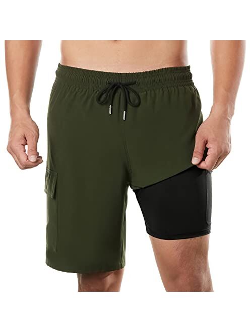 BRISIRA Mens Swim Trunks Swim Shorts with Compression Liner 9 inch Inseam Quick Dry Cargo Pocket Swimsuit Bathing Suits