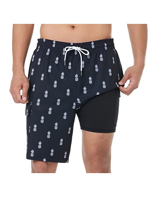 BRISIRA Mens Swim Trunks Swim Shorts with Compression Liner 9 inch Inseam Quick Dry Cargo Pocket Swimsuit Bathing Suits