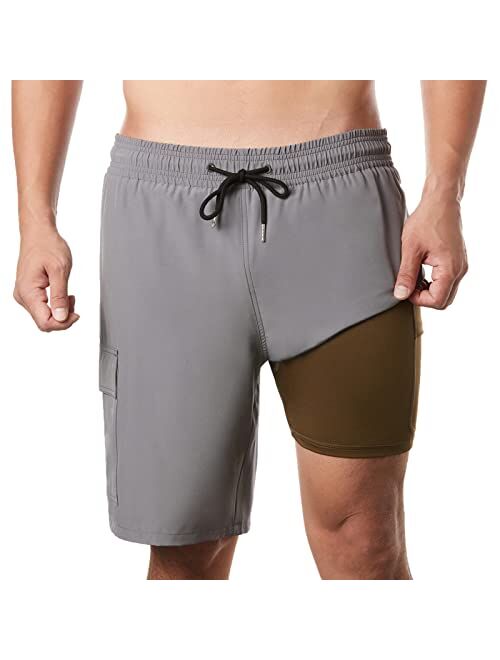 BRISIRA Mens Swim Trunks Swim Shorts with Compression Liner 9 inch Inseam Quick Dry Cargo Pocket Swimsuit Bathing Suits