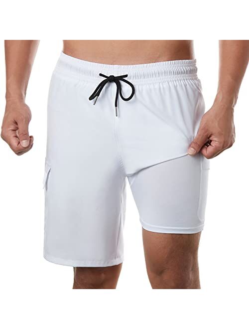 BRISIRA Mens Swim Trunks Swim Shorts with Compression Liner 9 inch Inseam Quick Dry Cargo Pocket Swimsuit Bathing Suits