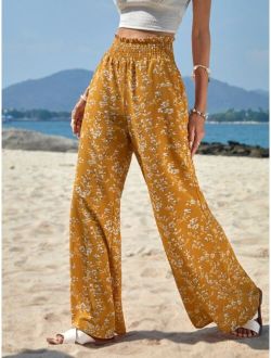 VCAY Ditsy Floral Print Paperbag Waist Wide Leg Pants