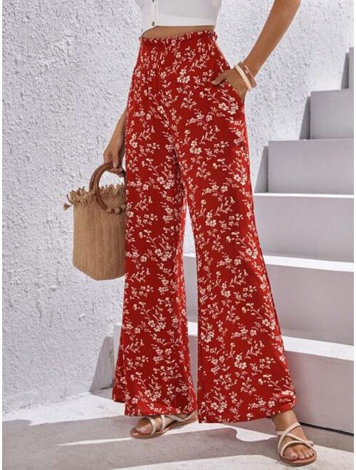 SHEIN VCAY Ditsy Floral Print Paperbag Waist Wide Leg Pants