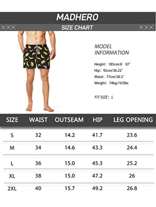 MADHERO Mens Swim Trunks Short Funny Swimming Shorts Bathing Suit with Mesh Liner 3 Inch