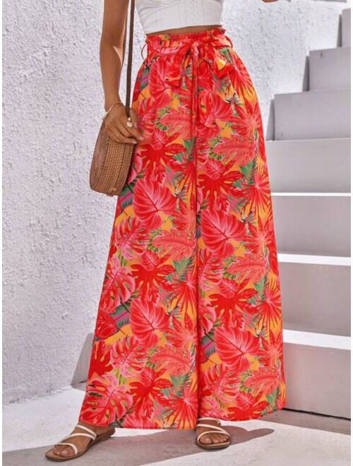 SHEIN VCAY Tropical Print Tie Front Wide Leg Pants