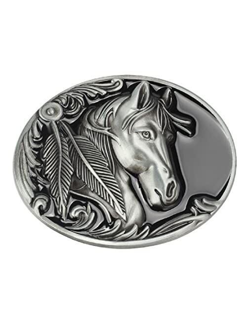 Longcreek Horse Belt Buckle for Men, Norse Viking Horse Head Oval Punk Rodeo Horse Engraved Feather Leaf Western Cowboy Belt Buckle