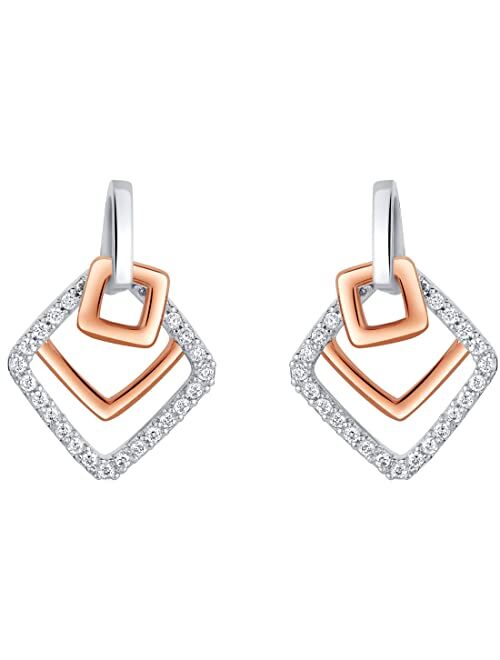 Peora Rose Gold-tone 925 Sterling Silver Open Layered Square Earrings for Women, Hypoallergenic Fine Jewelry