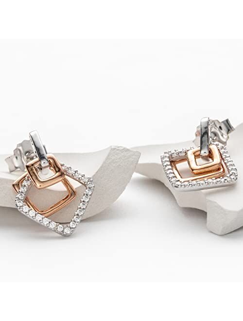 Peora Rose Gold-tone 925 Sterling Silver Open Layered Square Earrings for Women, Hypoallergenic Fine Jewelry