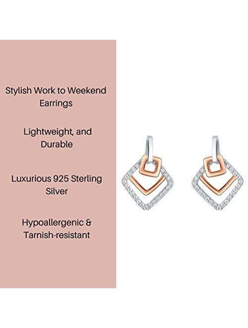 Peora Rose Gold-tone 925 Sterling Silver Open Layered Square Earrings for Women, Hypoallergenic Fine Jewelry