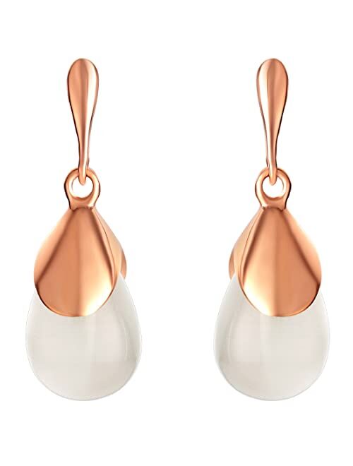 Peora Rose Gold-tone 925 Sterling Silver White Cat's Eye Drop Earrings for Women, Hypoallergenic Fine Jewelry