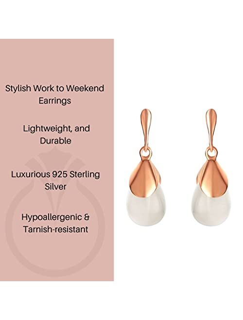 Peora Rose Gold-tone 925 Sterling Silver White Cat's Eye Drop Earrings for Women, Hypoallergenic Fine Jewelry