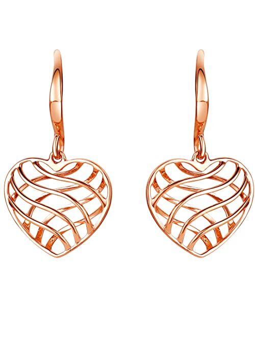 Peora Rose Gold-tone 925 Sterling Silver Open Lattice Heart Drop Earrings for Women, Hypoallergenic Fine Jewelry