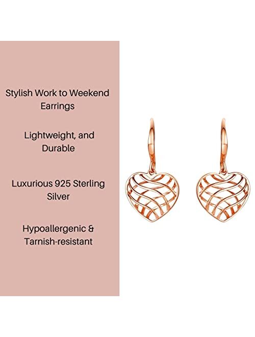 Peora Rose Gold-tone 925 Sterling Silver Open Lattice Heart Drop Earrings for Women, Hypoallergenic Fine Jewelry