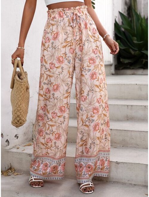 SHEIN VCAY Floral Print Tie Front Wide Leg Pants