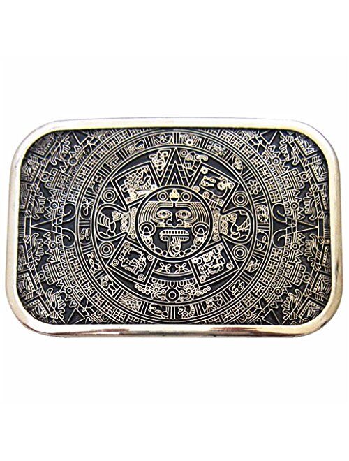 Masop Vogu MASOP Retro Square Maya Solar Aztec Calendar Stone Belt Buckle Metal Alloy