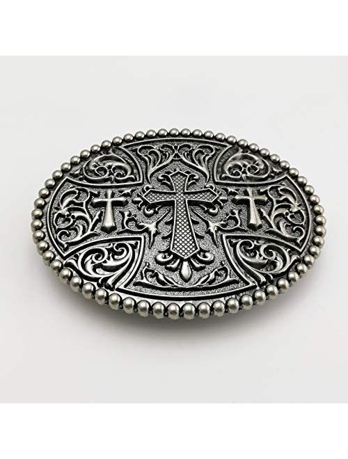 LAXPICOL Native American Big Heavy Duty Vintage Celtic Pattern Cross Oval Belt Buckle For Men Grey Tone