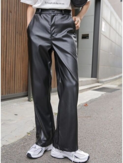 High Waist Slant Pockets PU Leather Pants