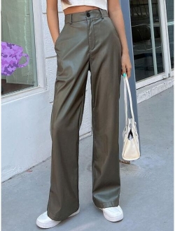 High Waist Slant Pockets PU Leather Pants